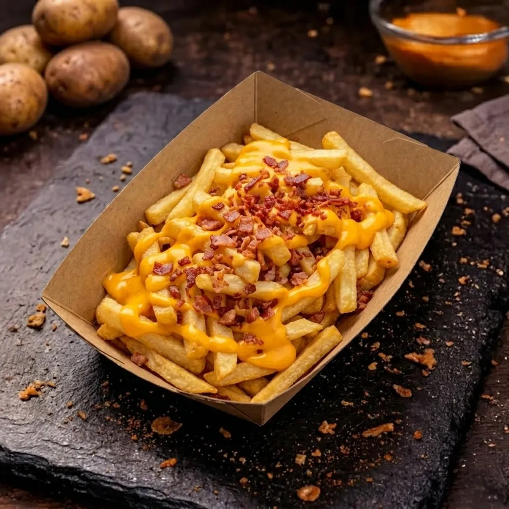 Papas con cheddar y panceta