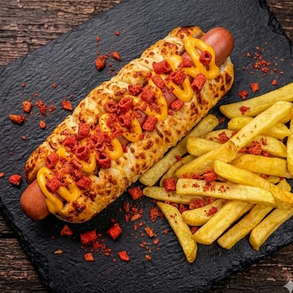 Combo 6: Pancho Repancho. Pan con chispas de queso, salsa cheddar y takis picante + papas fritas