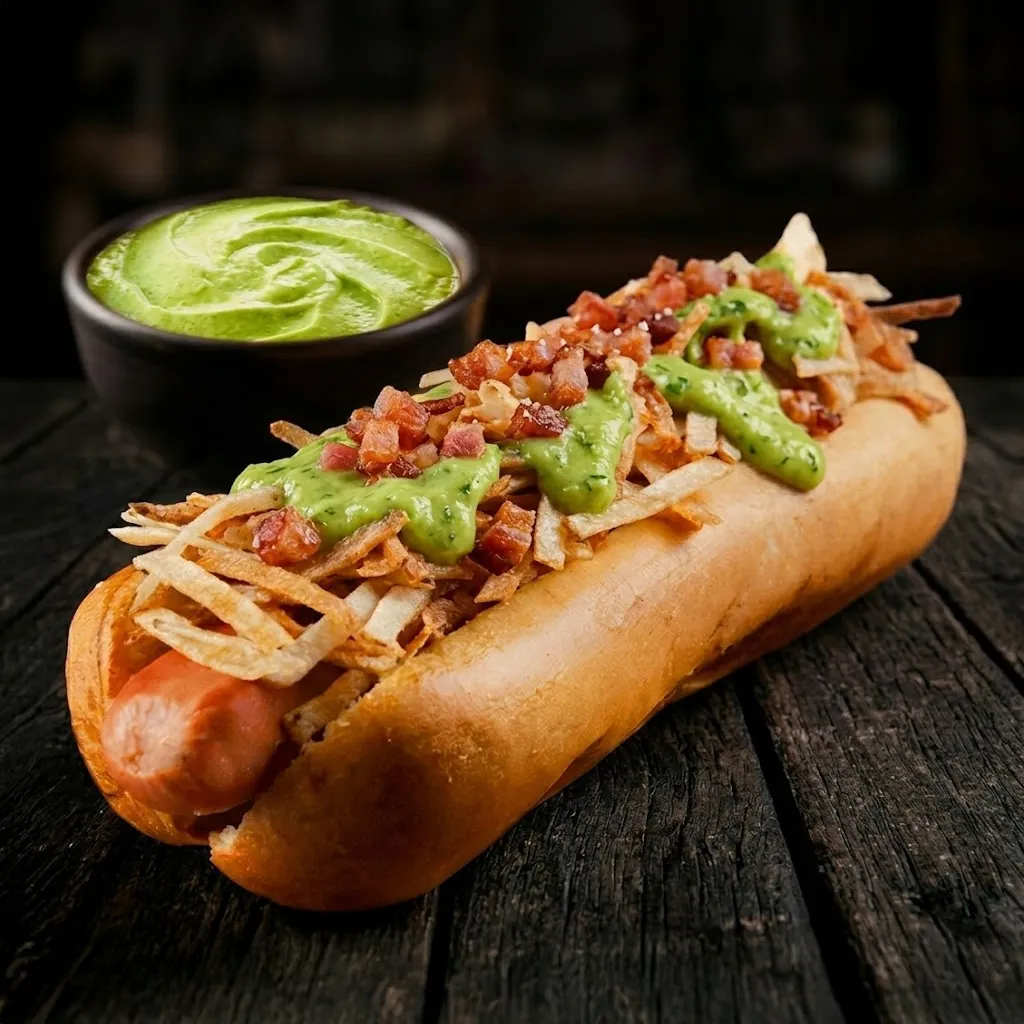 Pancho con salsa de guacamole, panceta y papas pay