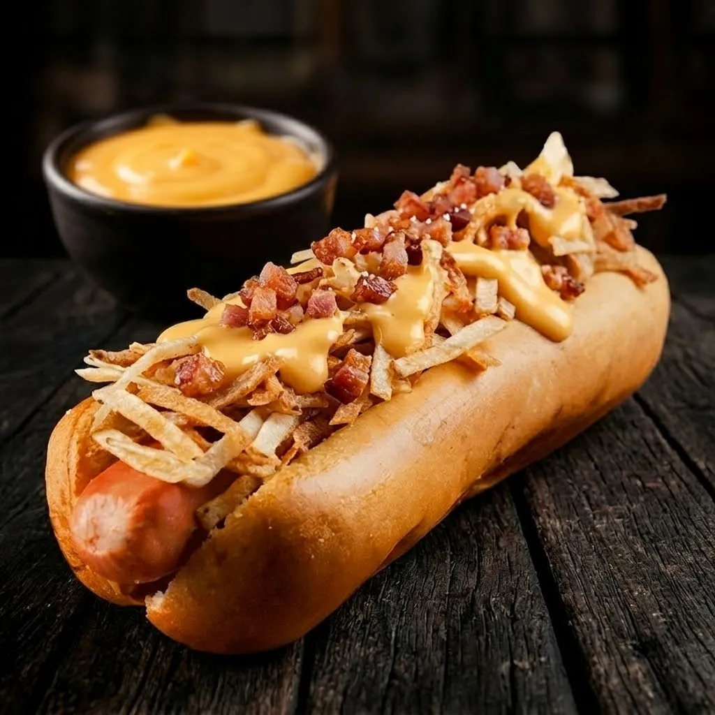 Pancho con salsa cheddar, panceta y papas pay