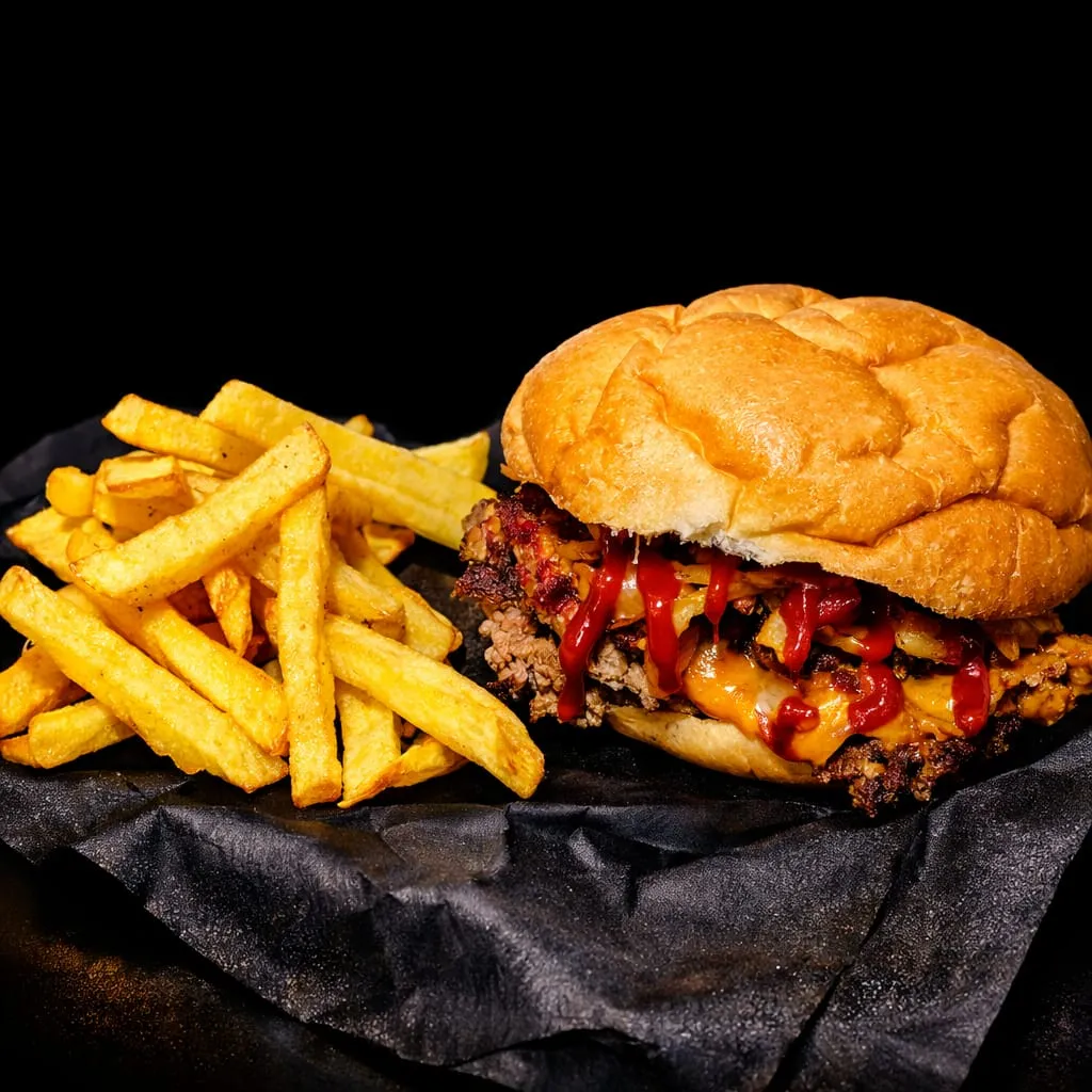 BURGER BLEND SIMPLE CON CHEDDAR.  Cebolla y panceta, barbacoa o kétchup.+ papas fritas