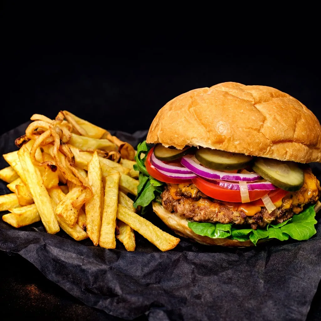 COMBO 2: BURGER DOBLE BLEND CON CHEDDAR.  Pepino, lechuga, tomate y cebolla. (salsa a gusto: barbacoa ketchup, mayo, tartara y ajo ahumado)+ papas fritas